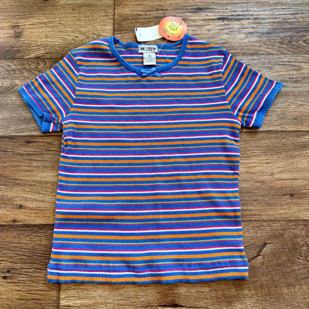 Vintage 90s One Step Up Abstract Striped Fitted Tee Shirt